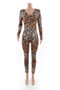 plus size 3 colors leopard print stretch v-neck stylish slim home jumpsuit_Yellow