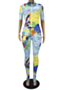 plus size map batch print stretch zip-up slim sports stylish jumpsuit_Blue