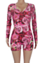 plus size two colors flowers letters print stretch v-neck hollow sexy home playsuit_Red