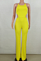 plus size solid color stretch backless lace-up wide-leg stylish jumpsuit_Yellow