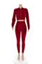 plus size solid color autumn winter zip-up gold velvet stretch simple two-piece set_Black_Red