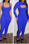 plus size solid color spliced mesh low-cut jumpsuit with short shawl stretch two-piece set_Purple_Blue