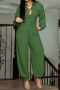plus size autumn solid color single breasted inelastic new fashion simple jumpsuit (with belt)_Dark Green