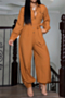 plus size autumn solid color single breasted inelastic new fashion simple jumpsuit (with belt)_Dark Green_Khaki