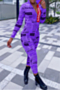 plus size 3 colors autumn zip-up hooded newspaper batch printing stretch tight jumpsuit_White_Purple