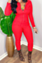 solid color autumn plus size pockets zip-up turndown collar stretch simple jumpsuit_Red
