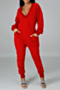 plus size three colors autumn solid color deep v-neck pockets stretch loose jumpsuit_Black_Red