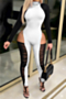 autumn eight colors contrast color spliced mesh hollow out zip-up tight jumpsuit_Black_White