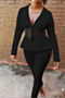 plus size three colors solid color spliced mesh single breasted suit stylish two-piece set_Black