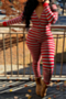 autumn plus size streak batch printing single breasted v-neck tight home jumpsuit_Black_Red