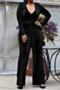 v neck plus size autumn new stylish wide-leg sexy loose jumpsuit (with belt)_Black