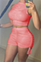 five colors plus size solid color pleated simple stretch tight two-piece set_White_Watermelon Red
