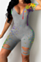plus size three colors digital print stretch v-neck cutout stylish slim playsuit_Gray