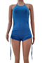 plus size solid color stretch halter-neck drawstring stylish slim playsuit_Gray_Black_Blue