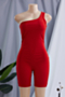plus size solid color stretch one-shoulder stylish sports tight playsuit_White_Red