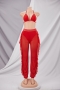 plus size see through mesh spliced stretch halter-neck ruffle sexy hot two-piece set (with panties lining)_Yellow_Red
