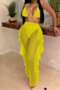 plus size see through mesh spliced stretch halter-neck ruffle sexy hot two-piece set (with panties lining)_Yellow