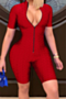 plus size solid color jacquard fabric stretch zip-up stylish tight playsuit_Red