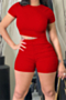 plus size solid color ribbed fabric stretch pleated high slit stylish casual two-piece set_Red