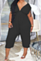 plus size solid color stretch front and back v-neck drawstring stylish jumpsuit_Gray_Black