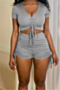 plus size solid color stretch v-neck drawstring pleated stylish two-piece set_Gray