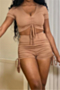 plus size solid color stretch v-neck drawstring pleated stylish two-piece set_Gray_Black_Khaki 