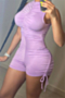 plus size solid color stretch drawstring pleated back zip-up stylish slim playsuit_Pink_Purple