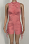 plus size solid color stretch drawstring pleated back zip-up stylish slim playsuit_Pink