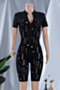 plus size solid color stretch cutout zip-up stylish sexy personality slim playsuit (without lining)_Red_Black