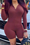 autumn new plus size solid color ribbed fabric stretch zip-up stylish skinny playsuit_Black_Rose Red