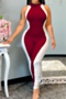 summer contrast color stitching plus size hollow out button tight stretch jumpsuit_Black_Sky Blue_Rose Red