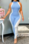 summer contrast color stitching plus size hollow out button tight stretch jumpsuit_Black_Sky Blue