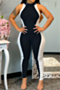 summer contrast color stitching plus size hollow out button tight stretch jumpsuit_Black