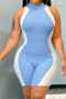 plus size contrast colors stitching summer hollow out button tight playsuit_Black_Sky Blue