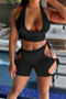 plus size 4 colors pure color summer halter neck low cut hollow out lace-up sexy two-piece set_Black