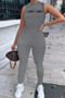 plus size 3 colors sleeveless “lucky label” letter embroidered new style tight jumpsuit_White_Gray