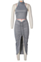 new sleeveless drawstring plus size fashion high collar lace-up slim two-piece set_Gray