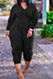 eight colors plus size autumn long sleeve v-neck pockets simple loose jumpsuit_Orange_Black