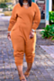 eight colors plus size autumn long sleeve v-neck pockets simple loose jumpsuit_Orange