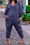 eight colors plus size autumn long sleeve v-neck pockets simple loose jumpsuit_Orange_Black_Blue_Red_Gray_Dark Blue