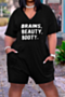 plus size 5 colors v-neck pockets loose new stylish letter printing casual playsuit_Black