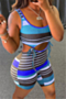 summer plus size new fashion multicolor striped printing lace-up playsuit_Red_Multicolor_Blue
