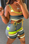 summer plus size new fashion multicolor striped printing lace-up playsuit_Red_Multicolor_Blue_Brown