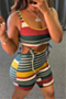 summer plus size new fashion multicolor striped printing lace-up playsuit_Red