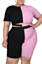 plus size contrast color stitching short sleeve simple round neck oversized casual two-piece set_Pink