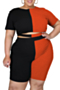 plus size contrast color stitching short sleeve simple round neck oversized casual two-piece set_Pink_Red