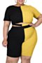 plus size contrast color stitching short sleeve simple round neck oversized casual two-piece set_Pink_Red_Yellow