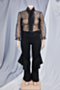 plus size new stylish solid color mesh top with flared pants sexy two-piece set_White_Black