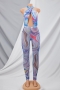 summer color matching graffiti batch print mesh see through halter neck jumpsuit_Red_Green_Blue