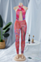 summer color matching graffiti batch print mesh see through halter neck jumpsuit_Red